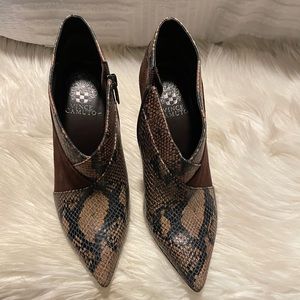 Vince Camuto dark brown suede and snakeskin booties.